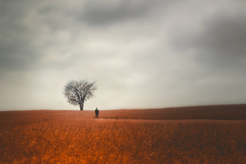 Metafora visiva del disagio psicologico che spinge a chiedere aiuto: una persona solitaria si ferma di fronte a un albero